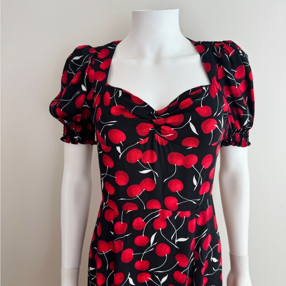 Reformation Lacey Black + Red Cherry Cherries Midi Dress Side Slit - Picture 4 of 9